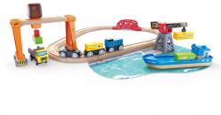 Hape Set de joaca circuit din lemn - Port cu trenuri, vapoare si camioane (E3791A) Trenulet