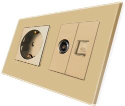 Luxion Priza Schuko + TV + Internet cu Rama Din Sticla LUXION, Auriu, LX-1MP010/26/25G-G (LX-1MP010/26/25G-G)