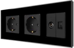 Luxion Priza Dubla Schuko + TV + Internet cu Rama Din Sticla LUXION, Negru, LX-2MP010/26/25G-B (LX-2MP010/26/25G-B)