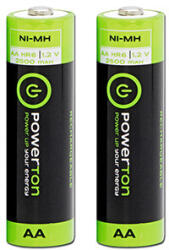 Powerton Újratölthető akkumulátor, AA (HR6), 1.2V, 2500mAh, Powerton, buborékcsomagolás, 2 db-os kiszerelésben