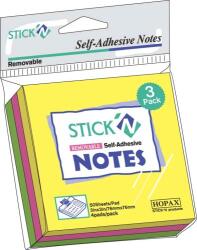 Hopax Notes autoadeziv 76 x 76 mm, 3 x 50 file/set, Stick'n - 3 culori fosforescente (HO-21093)
