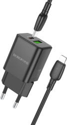 BOROFONE BN14 Royal GaN USB + Type C hálózati töltő adapter QC 3.0 PD 30W + Type C - Lightning kábel fekete