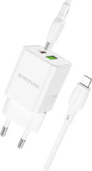 BOROFONE BN14 Royal GaN USB + Type C hálózati töltő adapter QC 3.0 PD 30W + Type C - Lightning kábel fehér