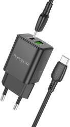 BOROFONE BN14 Royal GaN USB + Type C hálózati töltő adapter QC 3.0 PD 30W + Type C - Type C kábel fekete