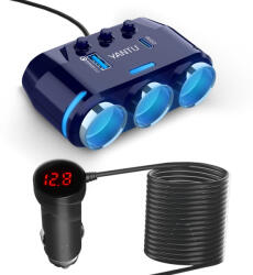 Autós töltő B39-C 3 aljzat + USB + Type C QC 3.0 PD 3A 120W kijelzővel