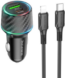 BOROFONE autós töltő BZ21 Brilliant USB + Type C QC 3.0 PD 48W + Type C - Lightning kábel fekete