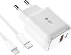 Tech-Protect C20W hálózati töltő adapter PD20W/QC3.0 1x USB-A, 1x USB-C, 1x USB-C - lightning töltőkábel