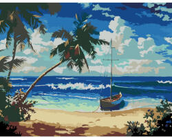  Számozott kifestő készlet vászonra 45x35 cm - Akrilfestékkel, ecsetekkel, felnőtteknek - Csónak a parton