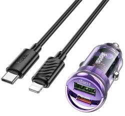 hoco. Z53A autós töltő USB+Type-C aljzat (5V/3A, 30W, PD gyorstöltő + Type-C - lightning kábel) LILA (Z53A_TYPE-C_LIGHTNING_P) - bluedigital