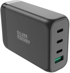 Silver Monkey SMA151 130W GaN töltő 3xUSB-C PD USB-A QC 3.0 levehető tápkábellel - fekete