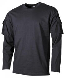 MFH US fekete hosszú ujjú trikó velcro zsebekkel a karokon, 170g/m2