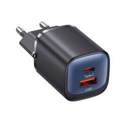 USAMS CC254 hálózati töltő USB+Type-C aljzat (30W, GaN, PD gyorstöltő) FEKETE (CC254TC01) - bluedigital