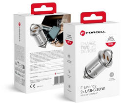 Forcell F-energy Mini autós szivargyújtó töltő 2xUSB-C, PD, 30W, ezüst - phoner