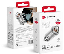 Forcell F-energy Mini autós szivargyújtó töltő USB-C, PD, QC3.0, 30W, ezüst