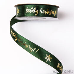  Fényes arany "Boldog Karácsonyt! " feliratos szatén szalag 20mm x 20m - Sötétzöld (MC20-04)