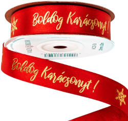  Fényes arany "Boldog Karácsonyt! " feliratos szatén szalag 20mm x 20m - Piros (MC20-06)