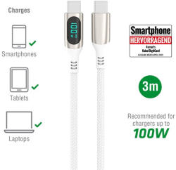 4smarts DigitCord USB / USB-C töltő- és adatkábel, 100W, 3m, fehér (4S540954)