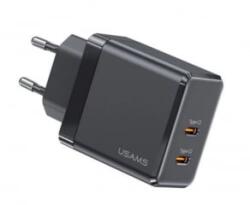 USAMS T54 hálózati töltő 2xUSB-C aljzat (5V/3A, 40W, GaN, PD gyorstöltő) fekete (CC172TC01) (CC172TC01)