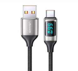 USAMS U78 adatkábel és töltő (USB - Type-C, 65W, PD gyorstöltés támogatás, 120cm, LED jelző) FEKETE / EZÜST (SJ544_F)