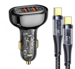 USAMS autós töltő 2xUSB-A + USB-C aljzat (5V/3A, 80W, gyorstöltő + USB-C kábel) fekete (BXLACCTC01)