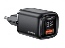 USAMS T46 hálózati töltő USB-A + USB-C aljzat (5V/3A, 33W, PD gyorstöltő 3.0, LED kijelző) fekete (CC152TC01) (CC152TC01)