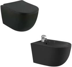 Fluminia Set vas wc rimless cu capac softclose si bideu Fluminia Minerva negru mat (2210RBM+2210BBM)