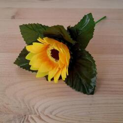 Napraforgó levéllel, selyemvirág. Virág átmérője: kb. 6 cm, teljes hossza: 17 cm