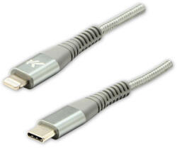 Logo Cablu USB cu logo (2.0), USB C tată - Apple Lightning tată, 1m, certificare MFi, 5V/3A, argintiu, cutie, împletitură de nailon, lut