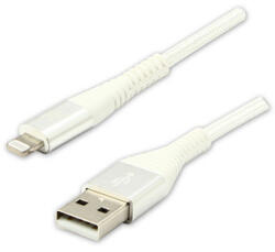 Logo Cablu USB cu logo (2.0), USB A tată - Apple Lightning tată, 1m, certificare MFi, 5V/2.4A, alb, cutie, împletitură nailon, aluminiu