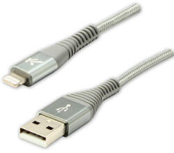 Logo Cablu USB cu logo (2.0), USB A tată - Apple Lightning tată, 2m, certificare MFi, 5V/2.4A, argintiu, cutie, împletitură nailon, hli