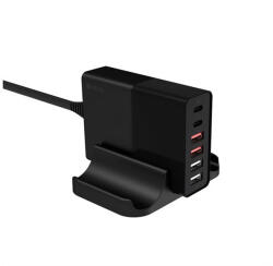 DEVIA hálózati töltő állomás 4 USB+Type-C aljzat (75W, PD gyorstöltő 3.0) FEKETE - geminiduo