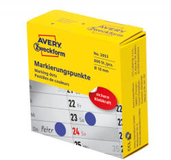 Avery Zweckform No. 3853 kék színű, 10 mm átmérőjű, tekercses öntapadós jelölő címke adagoló dobozban - doboz tartalma: 1 tekercs, 800 darab címke