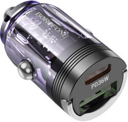 BOROFONE Autós töltő BZ29A Talented - USB + Type C - QC 3.0 PD 36W 3A átlátszó-lila