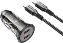 BOROFONE Autós töltő BZ26B Discovery - 2xType C - PD 45W 3A Type C - Lightning kábellel átlátszó-fekete