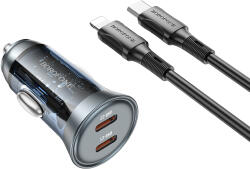 BOROFONE autós töltő BZ26B Discovery - 2xType C - PD 45W 3A Type C to Lightning kábellel átlátszó-kék