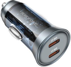 BOROFONE autós töltő BZ26B Discovery - 2xType C - PD 45W 3A átlátszó-kék