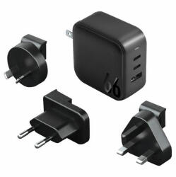 Energea Travelite GAN66 1xUSB-A/ 2xUSB-C utazó gyorstöltő adapter, (PD-PPS-QC 3.0) 66W, fekete (US/EU) (CHR-TL-GAN66EU) - phoner