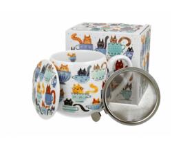 Duo Gift Porcelán bögre tetővel, szűrővel - 430ml - Teacup Cats