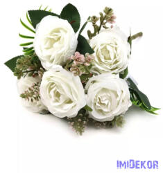 Rózsa 5 fejes csokor kiegészítőkkel 30 cm - Fehér