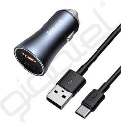 Baseus autós töltő USB+Type-C aljzat (40W, PD gyorstöltő 4.0, LED jelzés + Type-C kábel) SZÜRKE