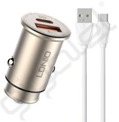 LDNIO autós töltő USB+Type-C aljzat (30W, PD gyorstöltő + Type-C kábel) ARANY