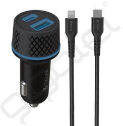 DEVIA EXTREME autós töltő USB+Type-C aljzat (52.5W, PD gyorstöltő 3.0 + lightning kábel) FEKETE