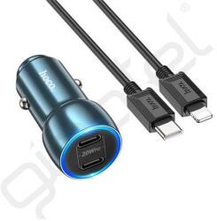 hoco. Z48 autós töltő USB+Type-C aljzat (40W, PD gyorstöltő, LED jelzés + lightning kábel) KÉK