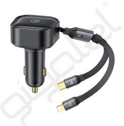 USAMS C41 autós töltő (30W, PD gyorstöltő, LED jelzés + csévélhető lapos Type-C - lightning kábel) FEKETE