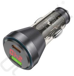 hoco. autós töltő USB+Type-C aljzat (48W, PD gyorstöltő, LED kijelző) FEKETE