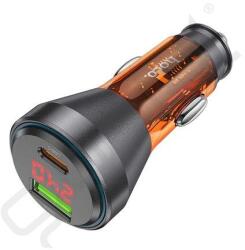 hoco. autós töltő USB+Type-C aljzat (48W, PD gyorstöltő, LED kijelző) NARANCSSÁRGA