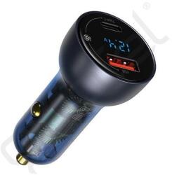 Baseus autós töltő USB+Type-C aljzat (65W, PD gyorstöltő 3.0, LED kijelző) SZÜRKE