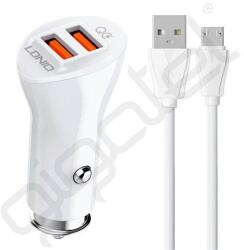 LDNIO autós töltő 2 USB aljzat (36W, gyorstöltő 3.0 + microUSB kábel) FEHÉR