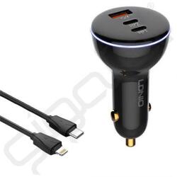 LDNIO autós töltő USB+2 Type-C aljzat (160W, gyorstöltő 3.0 + lightning kábel) FEKETE
