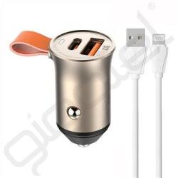 LDNIO C509Q autós töltő USB+Type-C aljzat (30W, PD gyorstöltő + lightning kábel) ARANY